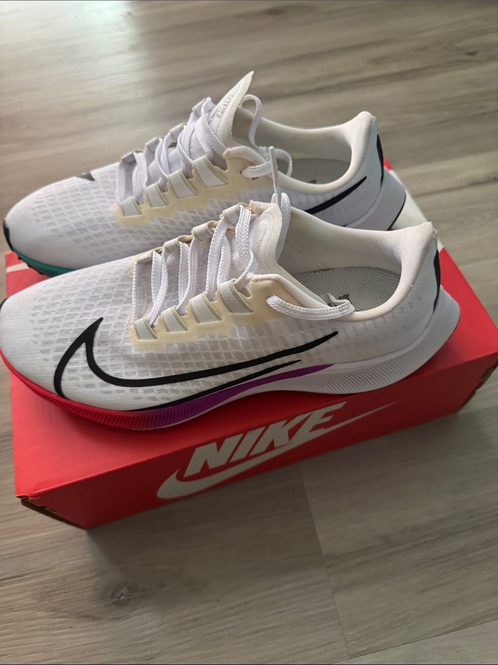 Nike Pegasus 37 Women's White Running Shoes with Black Swoosh and Pink Accent